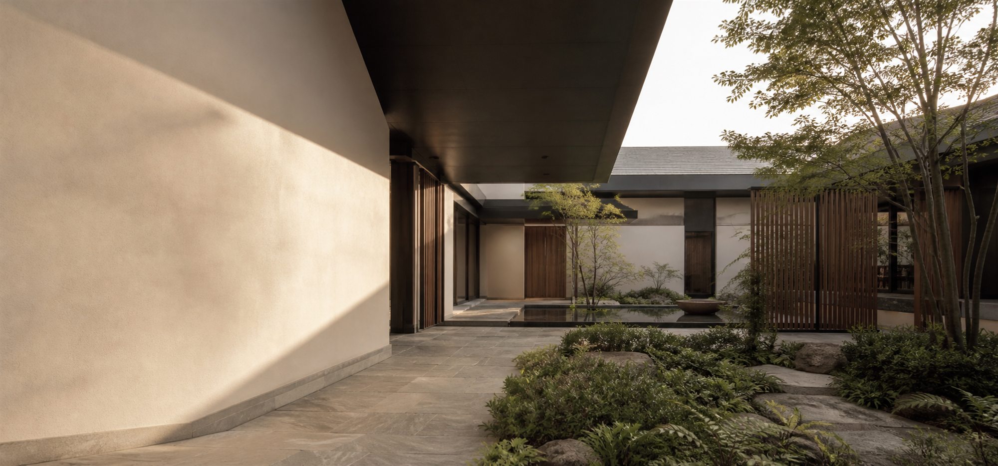 Contemporary architectural courtyard concept with light and shadow