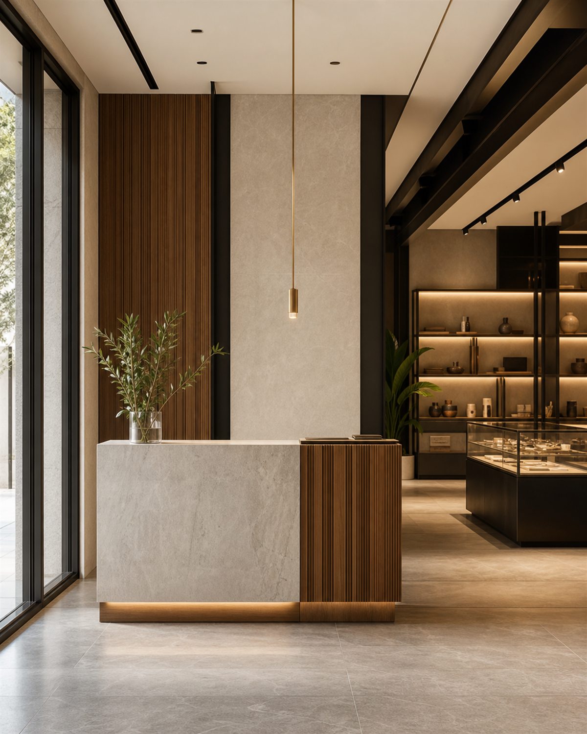 Refined commercial interior concept with clean planning and material contrast