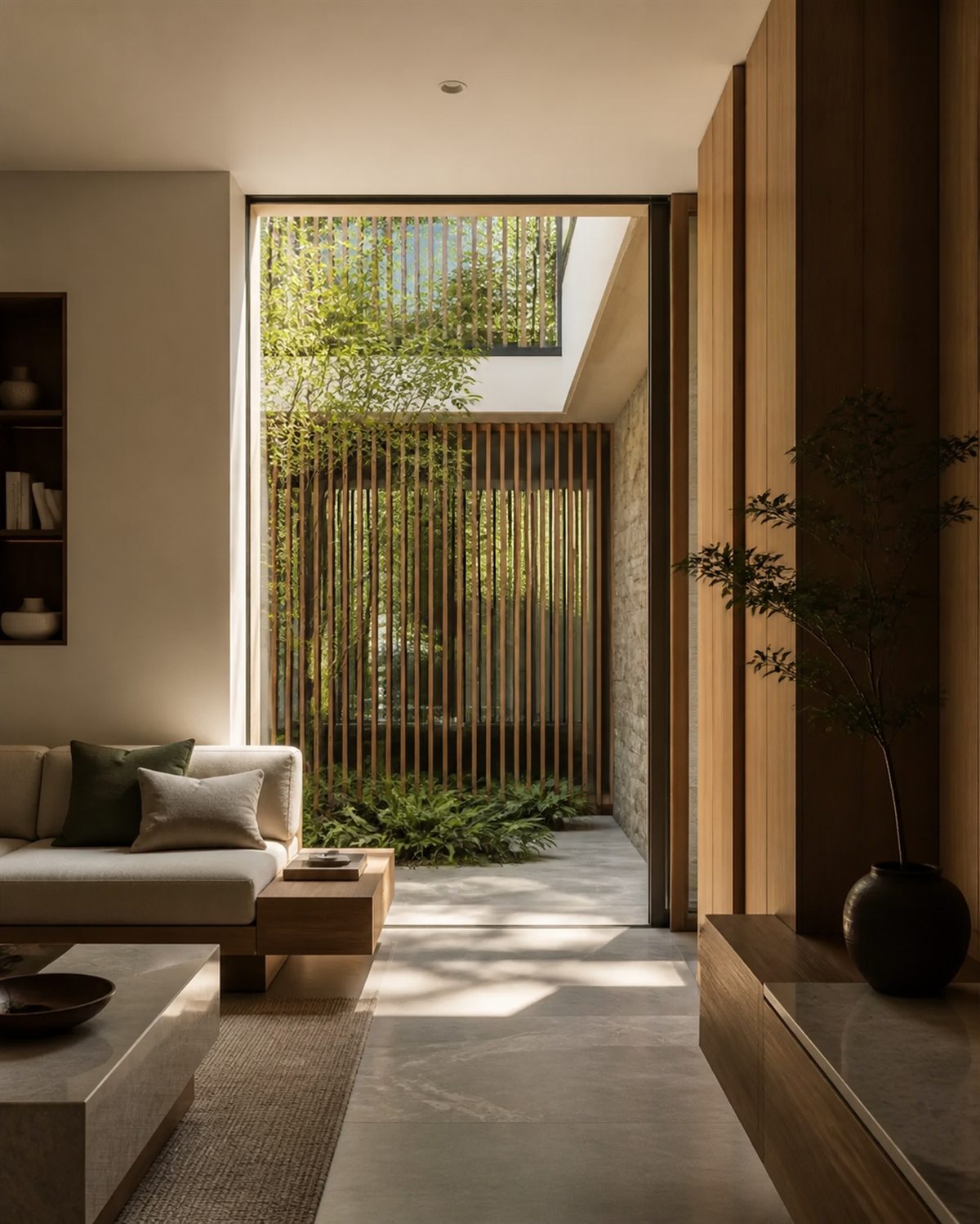 Warm residential interior with filtered daylight and calm materials